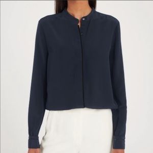 Cuyana Navy Silk Band Collar blouse - never worn